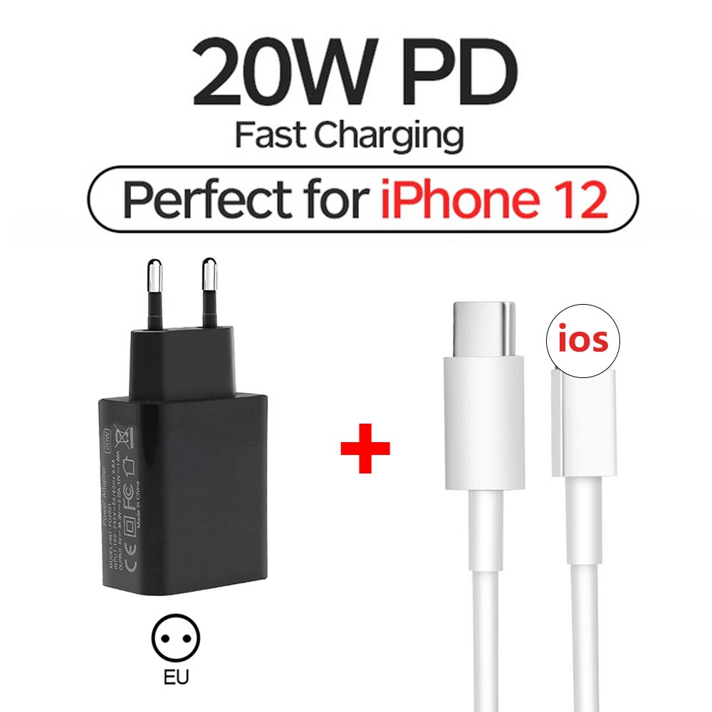 Ricarica rapida 20W USB-C tipo-c adattatore per caricabatterie cavo 100-240V spina a muro ue usa per iPhone 12 mini 12Pro 12 11 Xs Pro Max se ipad: 2in1 EU Plug Black