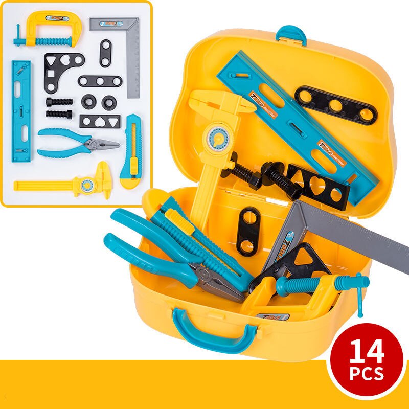 Børns værktøjskasse legetøjssæt dreng simulering reparationsnøgle værktøj bord reparationsboks baby skruesamling foregiver reparationsværktøj kuffert: 14 stk