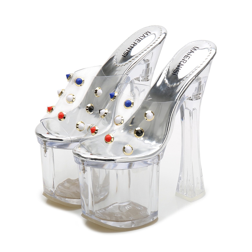 Odinokov Hoof Heels Mules Pvc High Heel Shoes Peep Toe Platform Shoes Party Wedding Shoes Summer Sexy Rhinestone High Heels