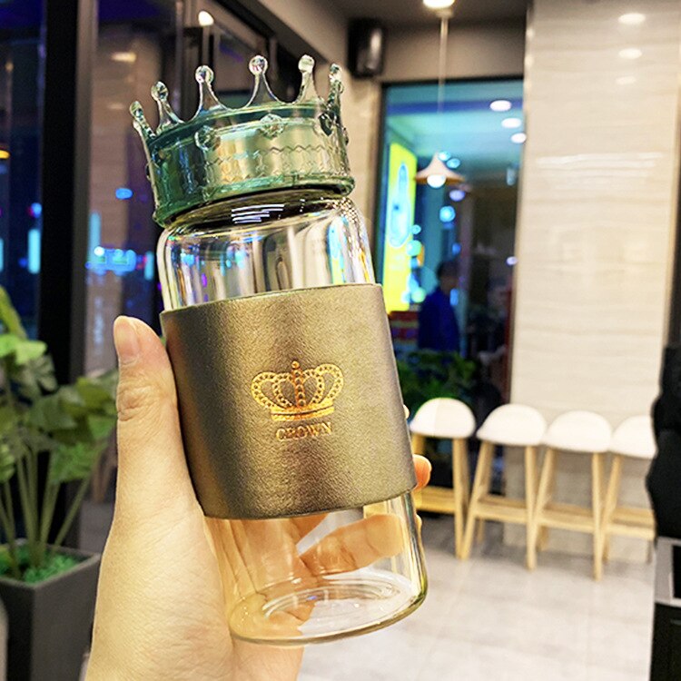 Glas vandflaske kop med kronelåg kropsdæksel varmebestandig: Sort 320ml