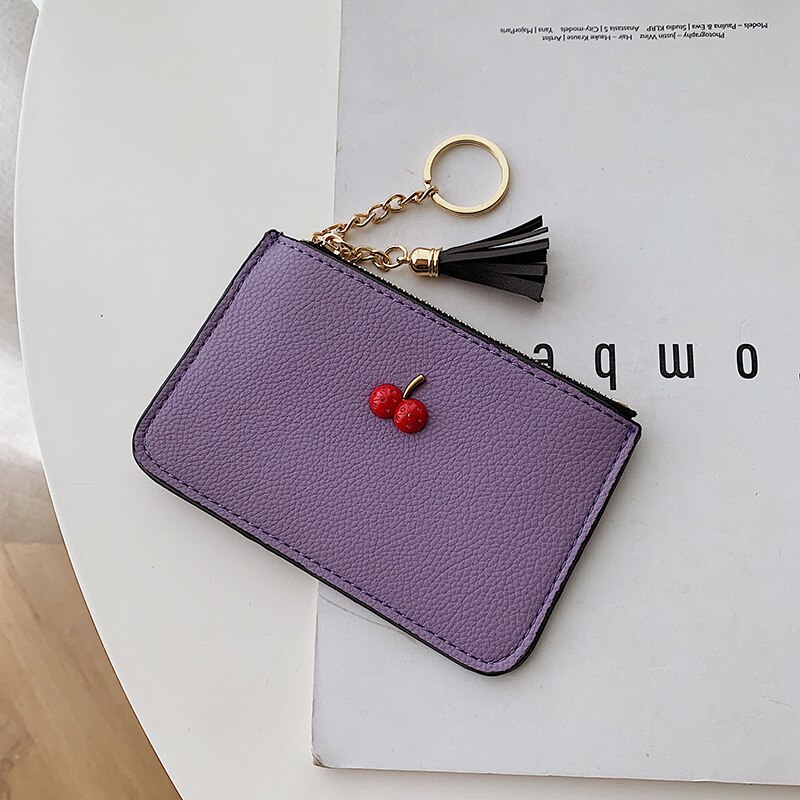 Enkel körsbär koreanskt pu-läder ultratunn klämma mjukt läderfransar dragkedja kort plånbok damkortväska noll plånbok: Lila