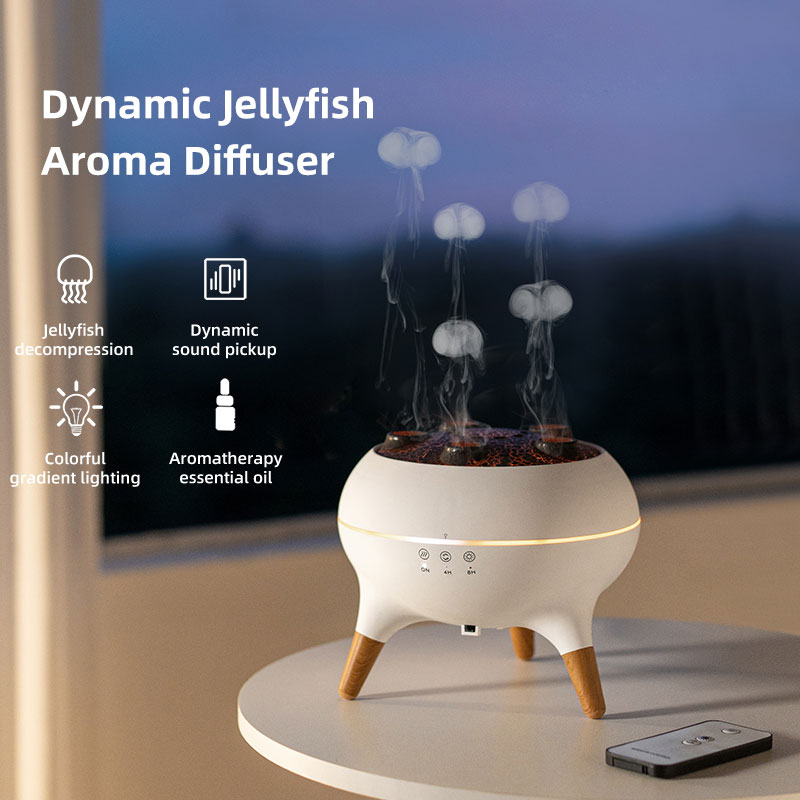 Dynamische Kwallen Luchtbevochtiger 250 ml Vlam Aromatherapie Essentiële Olie Diffuser Afstandsbediening Slaapkamer Luchtbevochtiger, 7 ColorLamp: Roest Rood / ons