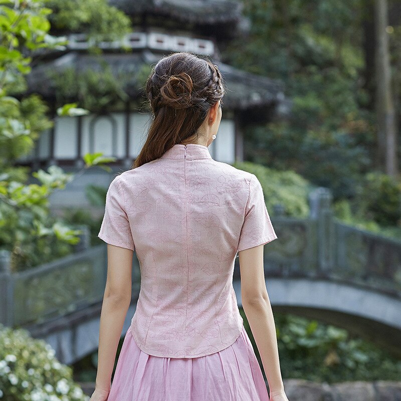 Sheng coco rosa kinesiske skjorter dame jacquard bomull qipao skjorte hanfu tradisjonelle topper kinesisk stil te service klær
