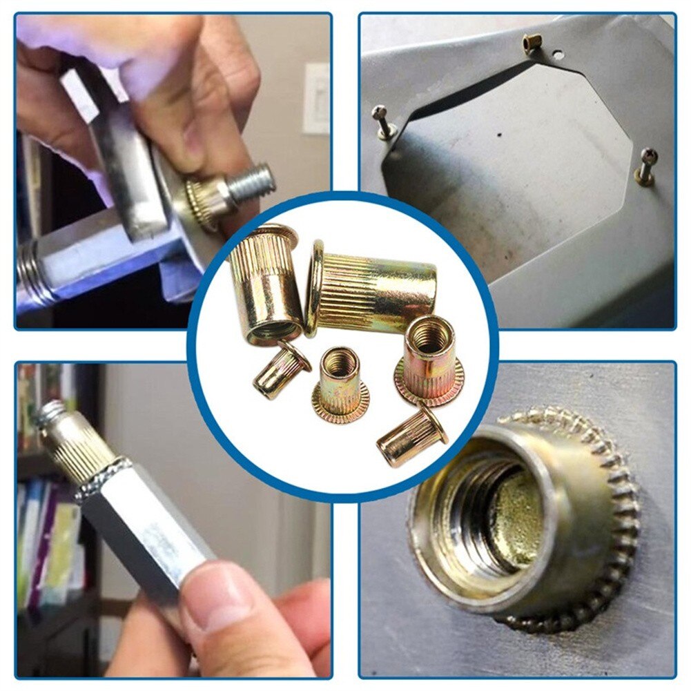 300 Pcs Rivet Nut Plaats Nutsert Cap Verzinkt Carbon Staal Gekartelde Noten Nutsert Platte Kop Schroefdraad M3 M4 M5 m6 M8 M10 M12