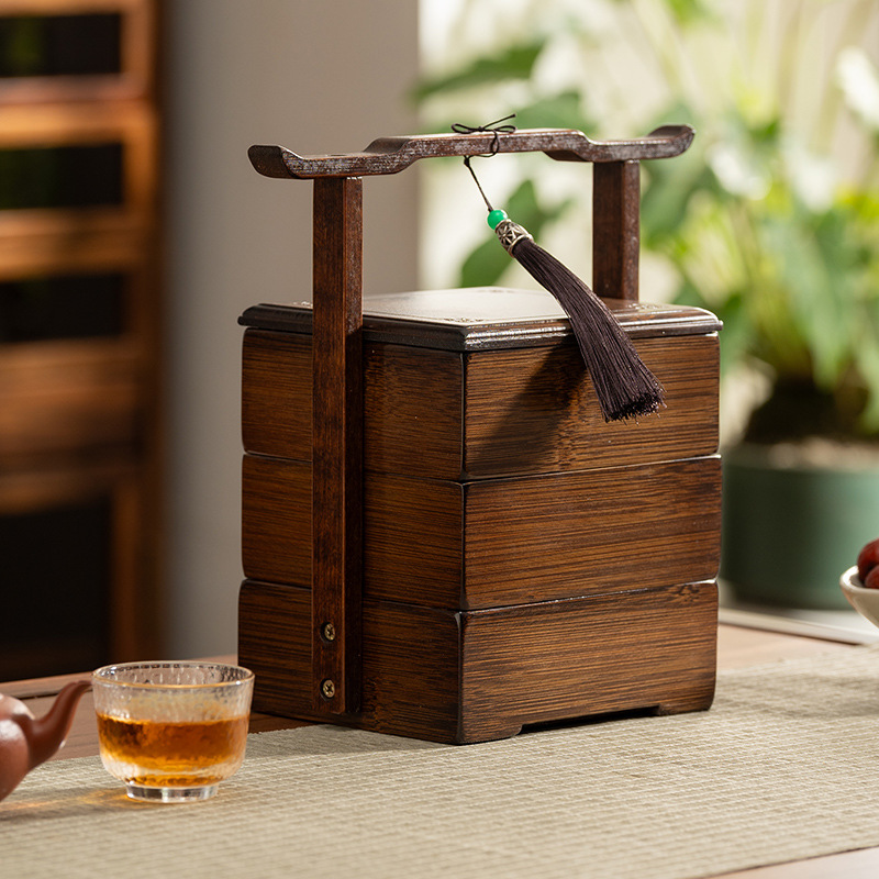 Chinese Style Walnut Color Tea Snack Storage Box Multi-layer Bamboo Made Four-sided Retro Home Use Dry Fruit Snack Box