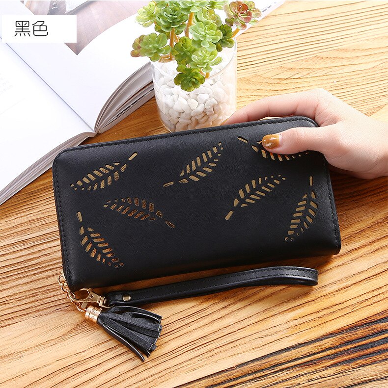 Women Wallet Luxury Leather Wallets For Women Long Zipper Coin Purses Credit Card Hollow Leaves Pouch Handbag Lady Holders Bags: 1