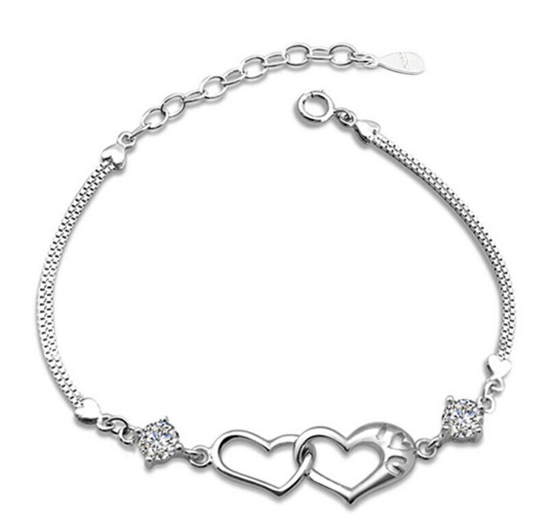Anenjery Zilver Kleur Dubbele Liefde Hart Soulmate Crystal Armbanden En Armbanden Voor Vrouwen Valentijnsdag Aanwezig S-B11