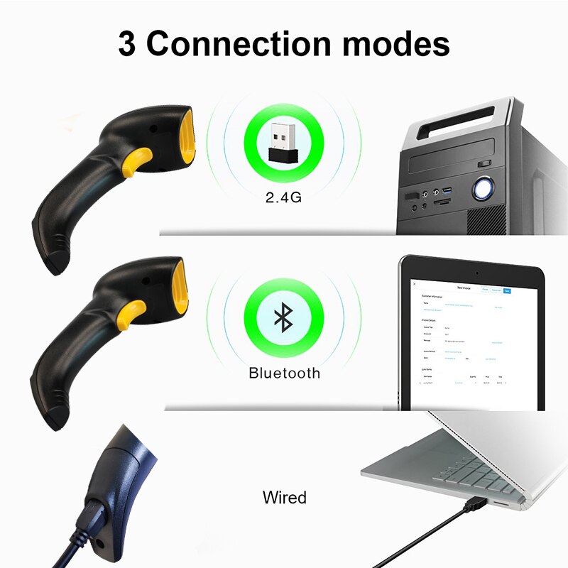 Wireless Barcode Scanner Bluetooth Code Reader 1D/2D QR Bar Code Scanner Support Mobile Phone iPad Handheld Reader POS Inventory