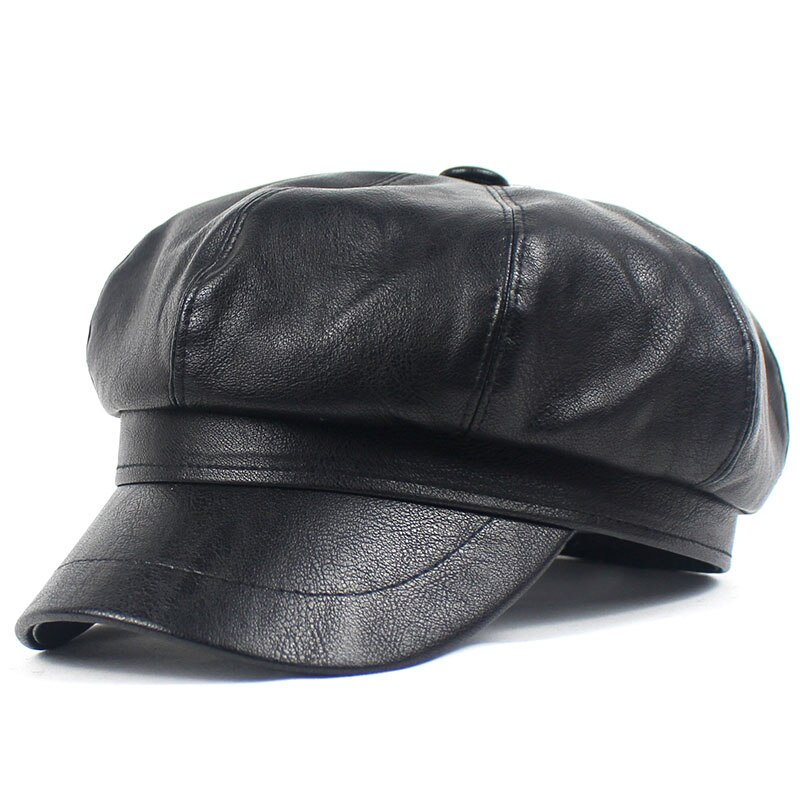 Lanxxy Autumn Winter Newsboy Caps for Women Vintage Solid Leather Beret Cap Casquette Hats Female: black