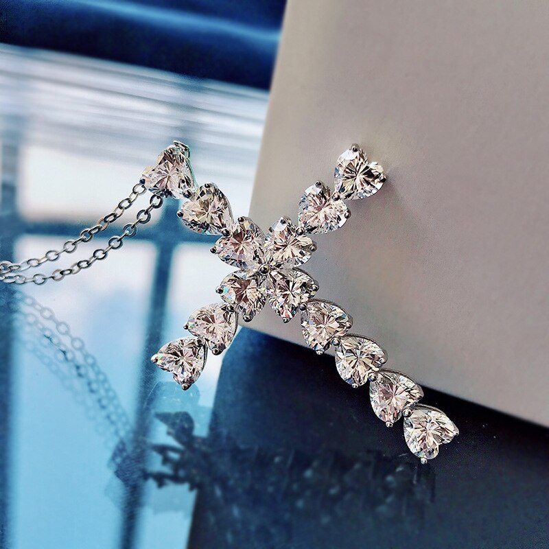 Oevas 100% 925 Sterling silber kreuz 5*5mm hochwertiger kohlenstoffdiamant 18k weißGold plattierte halskette für damen Party feiner schmuck: Weiß