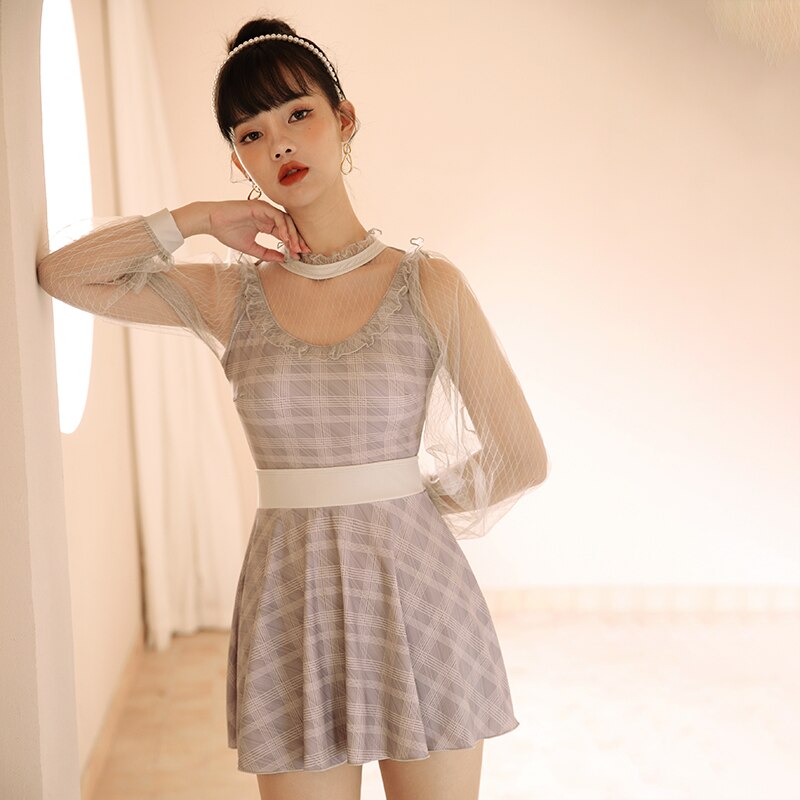 Staerk One-Piece Swimsuit - Long Sleeve Mesh Plaid Style - Women's Retro Cover-Up