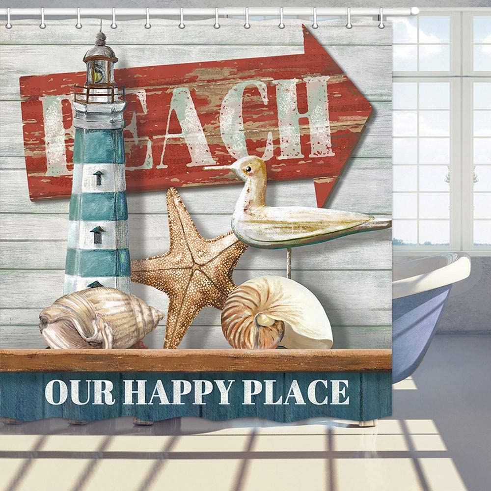Nautical Beach Shower Curtain Ocean Shell Lighthouse Seagull Starfish Motivational Quote Rustic Wooden Board Bathroom Curtains: 90x180cm-35x70inch