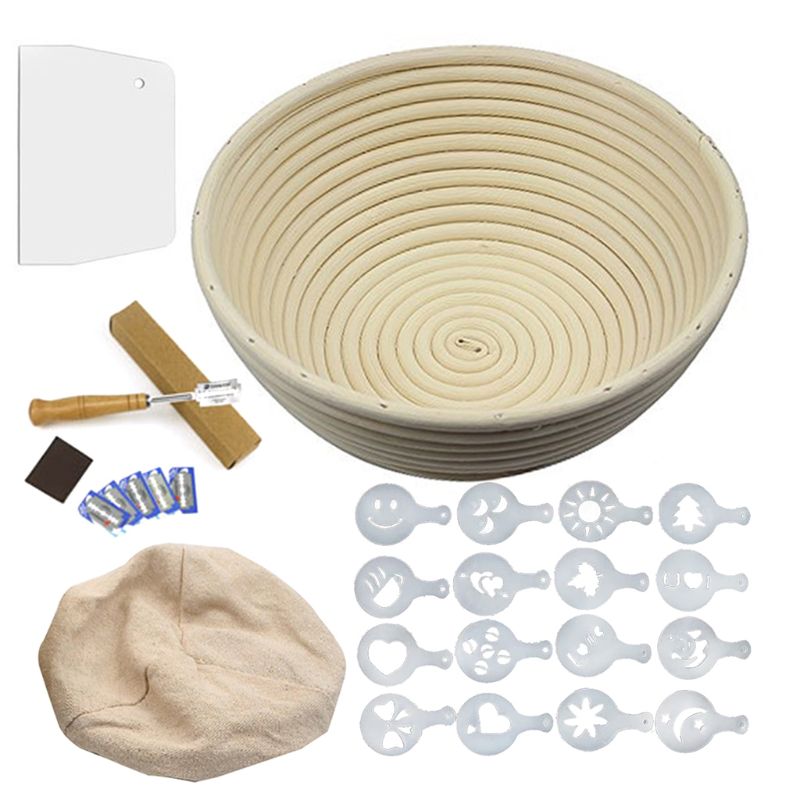 5Pcs 9 Inch Banneton Brood Proofing Mand Met Liner Brood Lame & Schraper Stencils Bakken Tool Voor Thuis Bakkers brood Maken