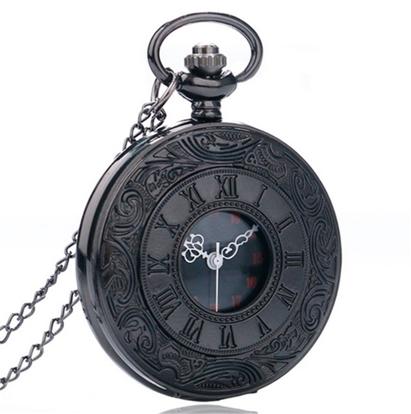 Zwart Pocketwatch Vintage Charmunisex Mode Romeinse Aantal Quartz Steampunk Zakhorloge Vrouwen Man Ketting Hanger Met Ketting