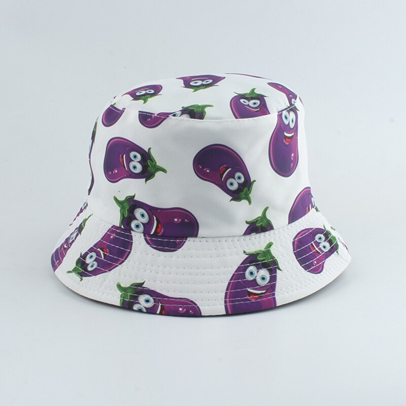 Aubergine tomat gurka peppar tryck fiskare hatt sommar solhattar för män kvinnor utomhus casual vändbar hink hatt: Aubergine vit