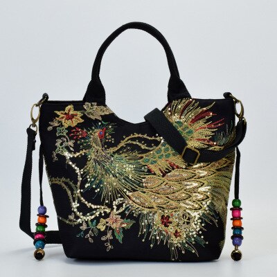 Ainvoev Embroidered Women Canvas Summer Shopping Shoulder Bag Vintage Beaded String Handbag Shiny Sequins Peacock: black