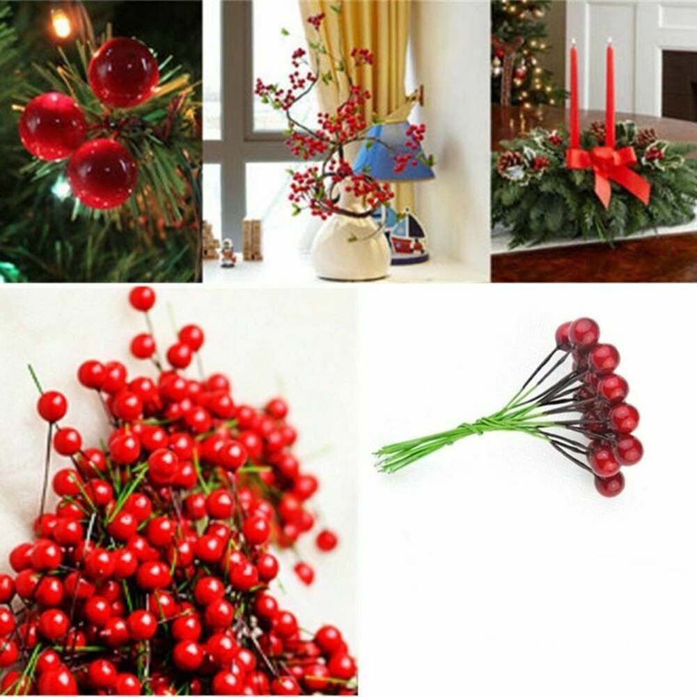 100Pcs Christmas Leaf Tree Red Artificial Cherry Holly Berry Branch Ornaments
