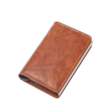 Anti-rfid visitekaartjeshouder rood/zwart/geel/bruin/blauw pu leer + legering creditcardhouder hoesje kaarten komen automatisch omhoog: Bruin