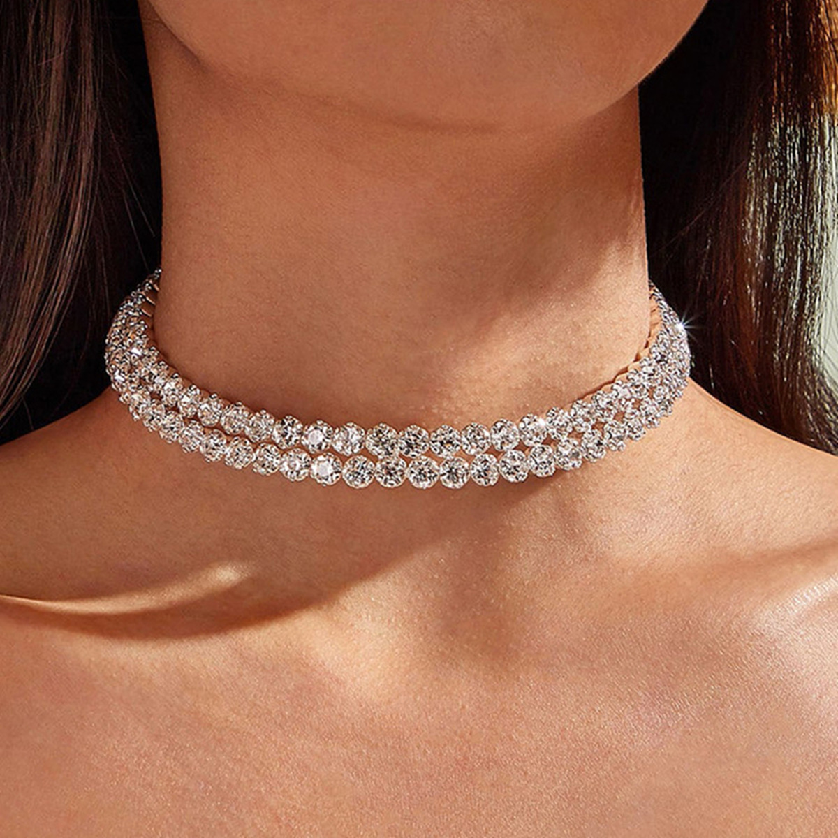 Gargantilla de cadena con cuello de cristal de Color plateado brillante para mujer, Gargantilla con diamantes de imitación para de boda, de joyería