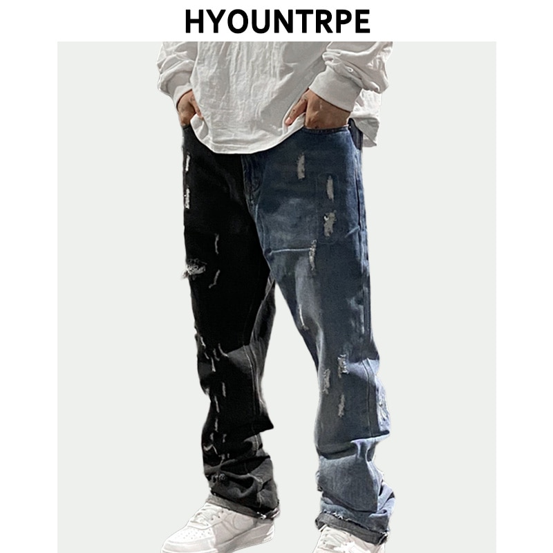 Hommes Denim Flare pantalon Patchwork déchiré trous pantalons décontractés automne hiver Streetwear Hip Hop pantalons longs Joggers jean