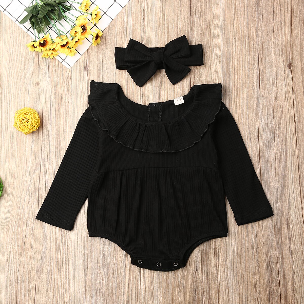 Vêtements pour bébés filles, vêtement de printemps et automne, combinaison à volants tricoté à manches longues, couleur unie, ensemble + bandeau,