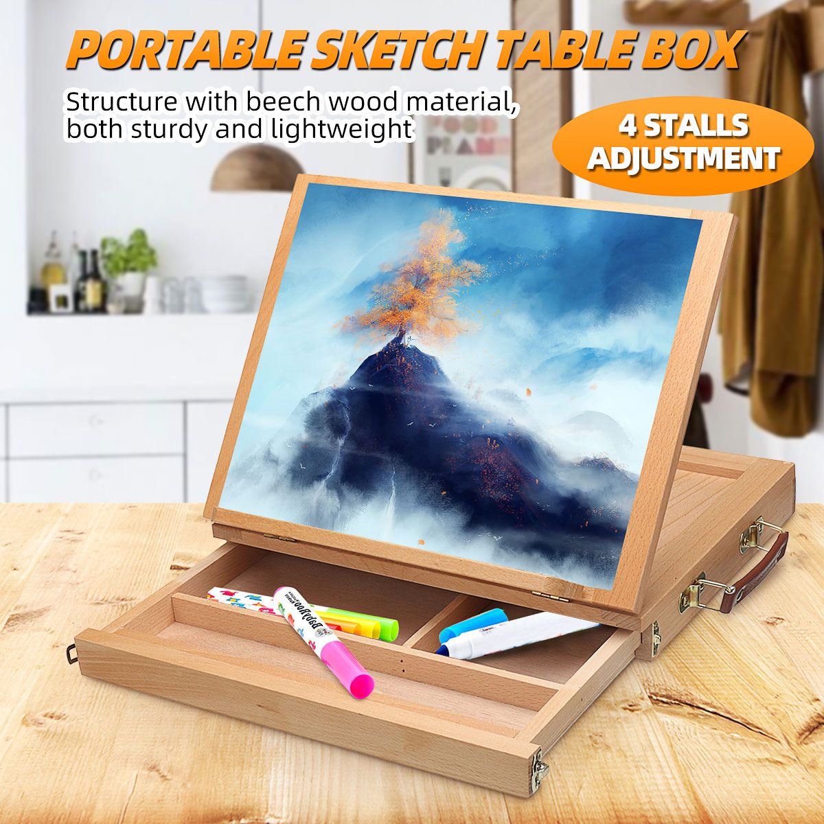 Portable Wooden Drawers Artist Table Desk Top Easel Stand Sketch Box Painting