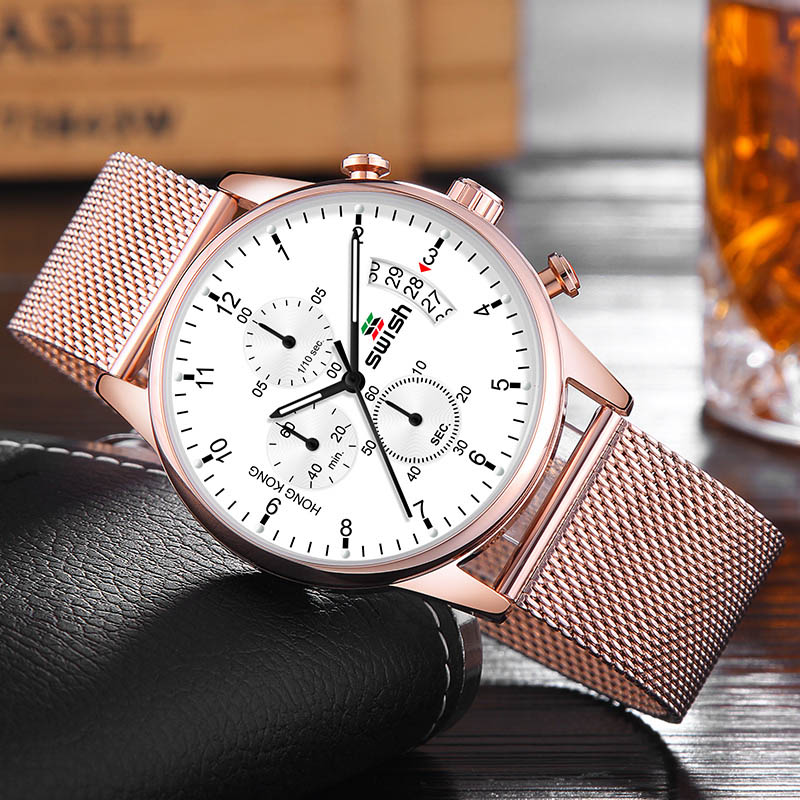 Swish Quartz Horloge Top Horloge Heren Kalender Sport Waterdichte Horloges Mannen 3 Kleuren Rvs Horloge: Rose Gold White