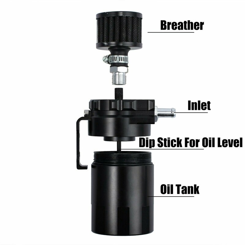 Oil Catch Reservoir Breather Can Tank +Filter Kit Cylinder Aluminum Engine Black