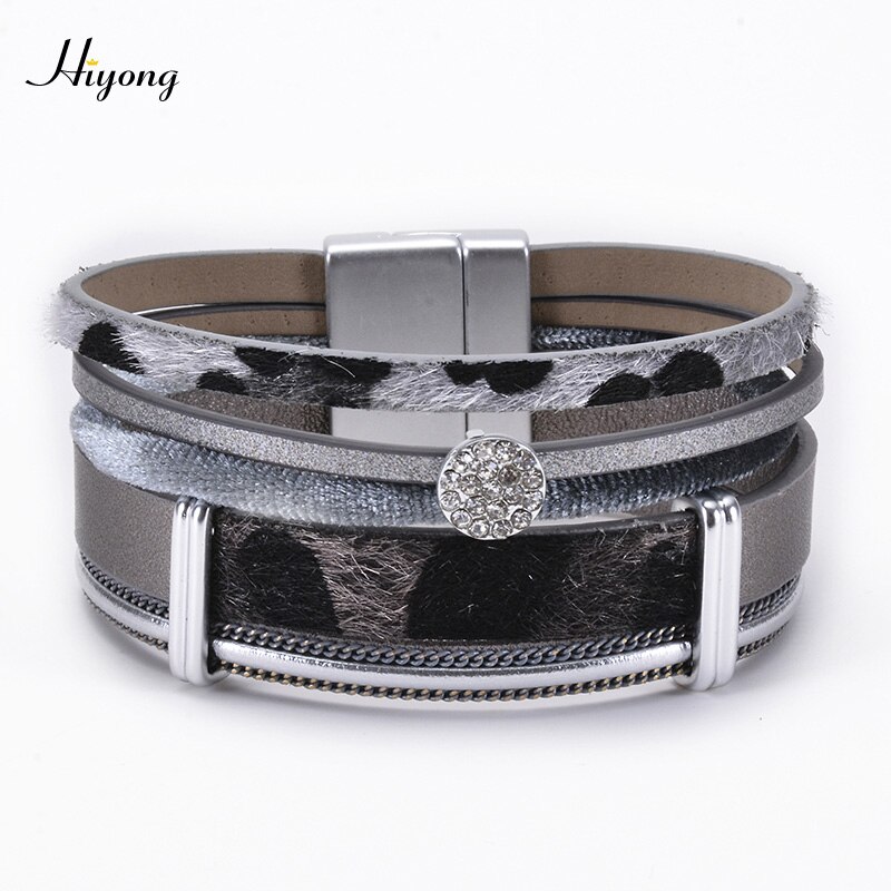 Hiyong Pu Lederen Armband Multilayer Crystal Magneet Gesp Armband Dames Leopard Wrap Armbanden Bohemian Stijl Sieraden: 2