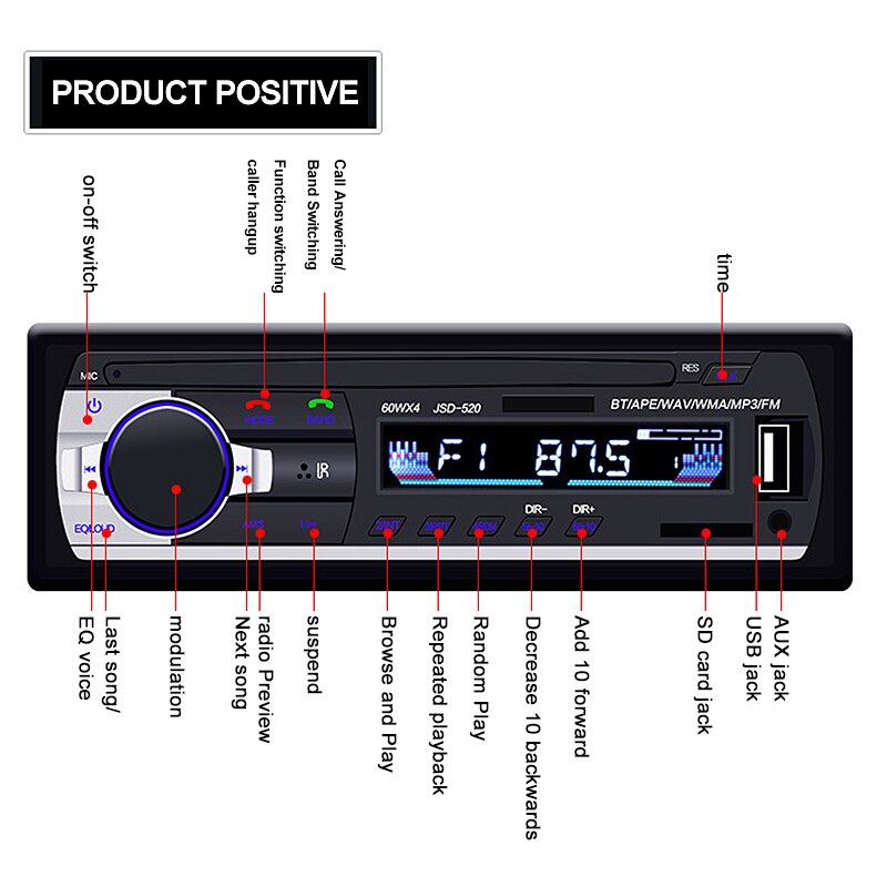 Car Bluetooth Autoradio Car Stereo Radio Aux Input Receiver SD USB JSD-520 12V In- 1 din Car MP3 Multimedia Player