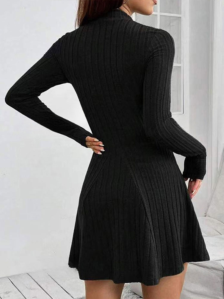 Robe trapèze noire sexy pour femme, col mi-haut, manches longues, mince, décontracté, club, fête, dame, automne,