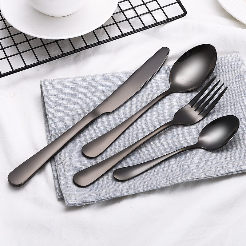 Black Gold Cutlery Set 18/10 Stainless Steel Fork Spoon Knife Set Mirror Tableware Set Portable Kitchen Spoon Silverware Set: black