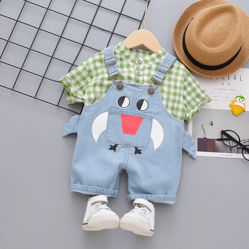 Sommer Kleinkind Jungen lässig Denim Overall Baby freundlicher Grün Plaid kurzarm Shirt Hosenträger Schlauch