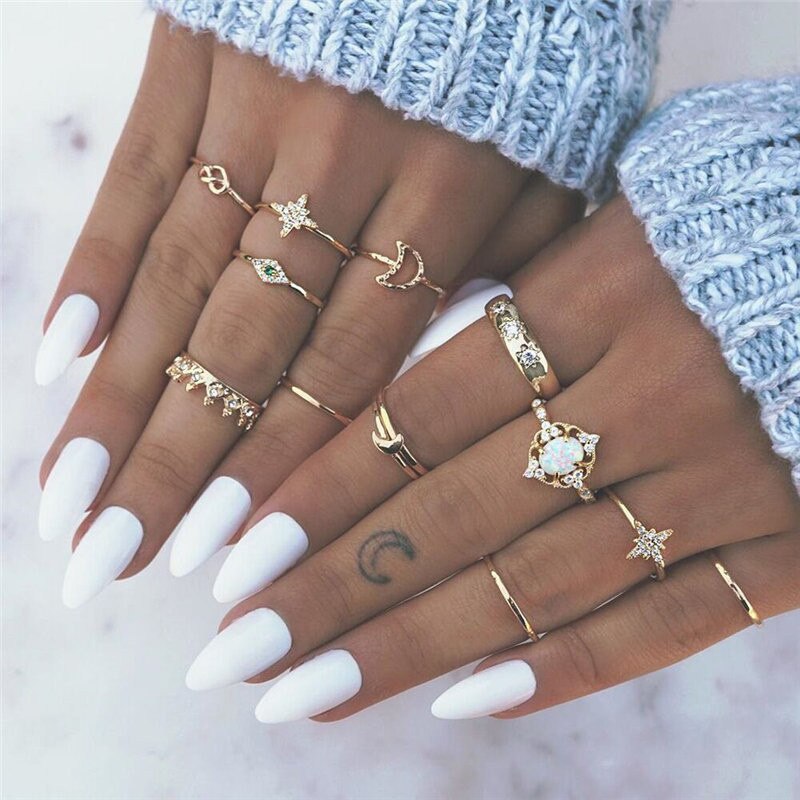 LETAPI Vintage Crystal Flower Ringen Voor Vrouwen Retro Geometrische Goud Kleur Knuckle Ring Set Statement Sieraden: 15865