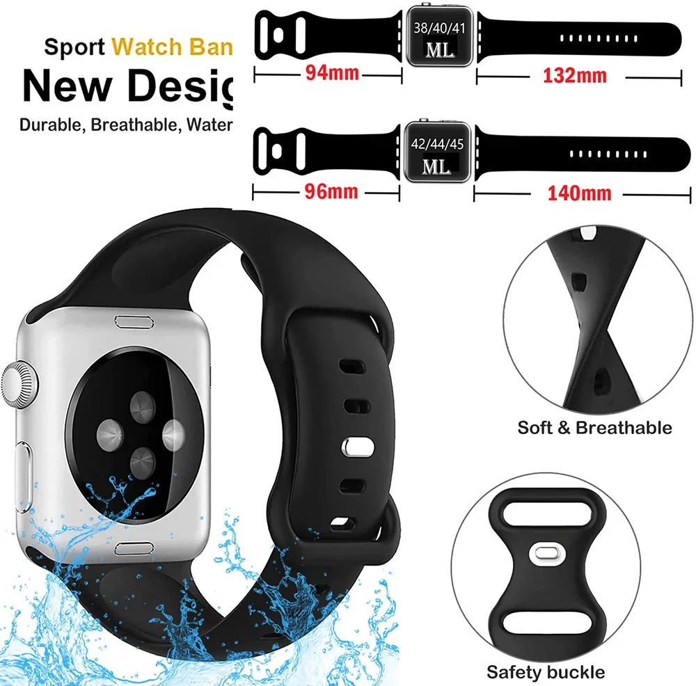 For Apple Watch Band 44mm 40mm 45mm 41mm 42-38mm sport wrist bracelet iwatch series 8 7 se 3 4 5 6 9 10 46mm 49mm Silicone Strap