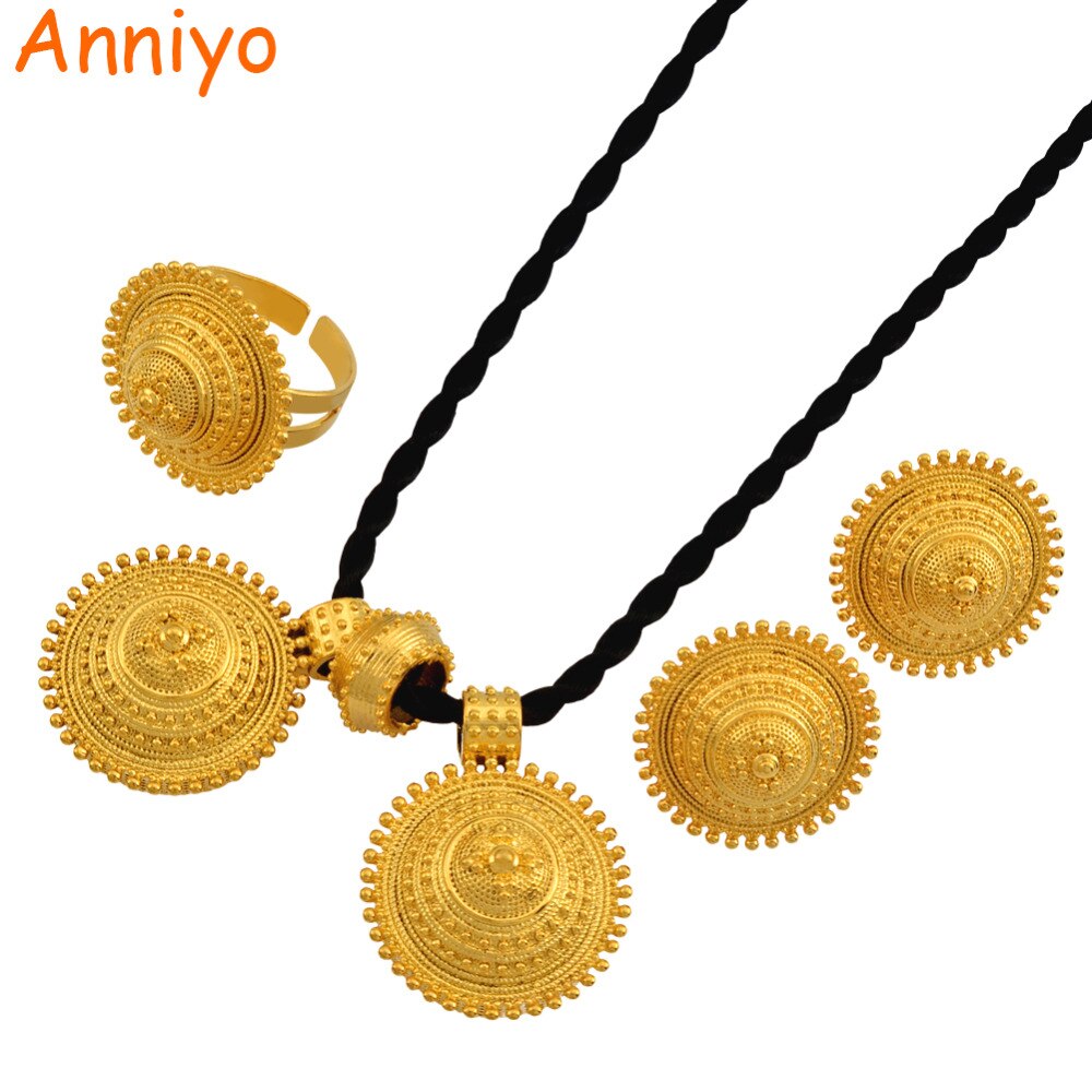 Anniyo Äthiopischen einstellen Schmuck Anhänger Seil Ohrring Ring Gold Farbe Eritrea Afrika Hochzeit Engagement setzt Habesha #055006