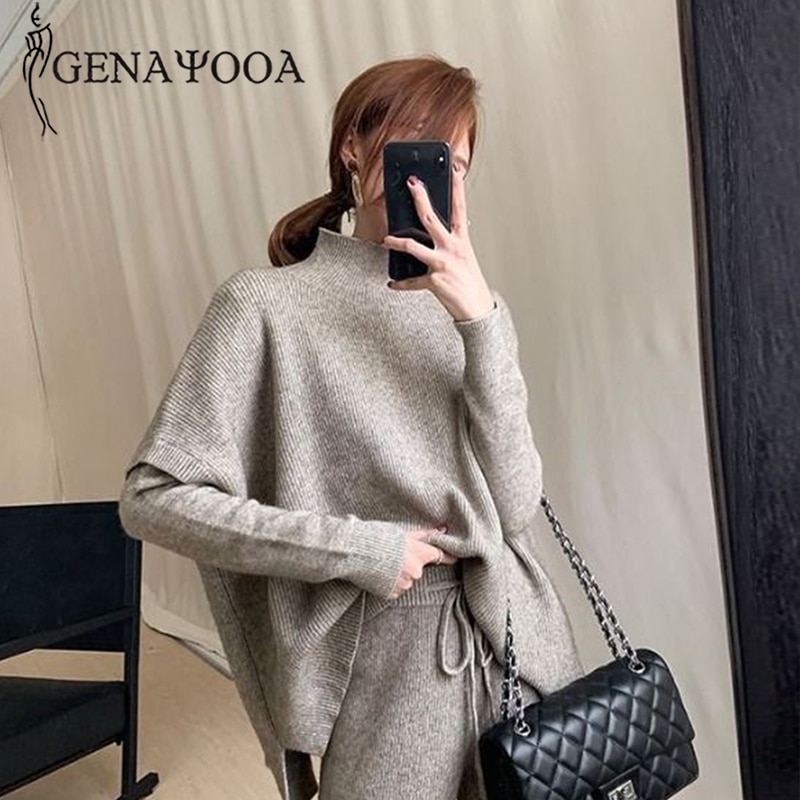 Genayooa Knitted 3 Piece Set Sweater Pants Woman Knitting Wide Leg Pants And Pullover Three Piece Suits Tracksuit Women