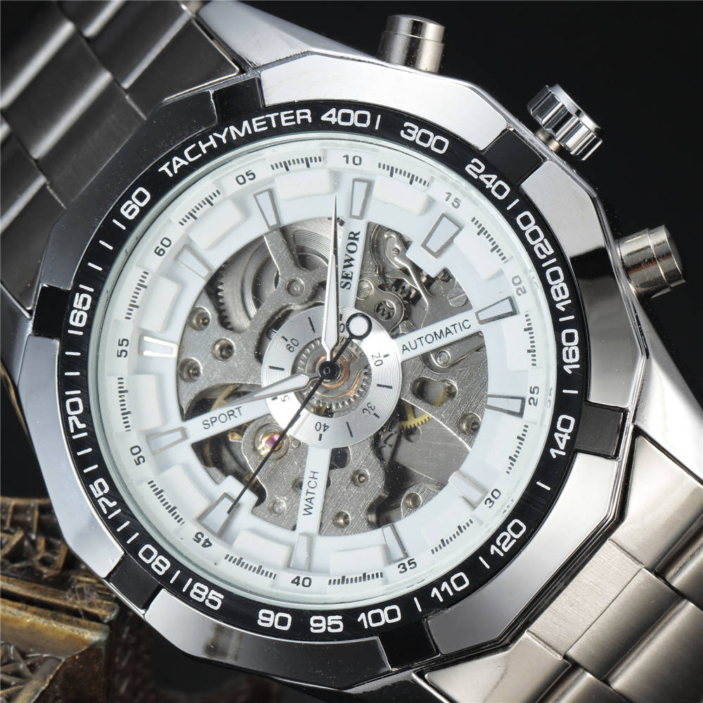 SEWOR Mannen Horloges Roestvrij Staal Automatische Mechanische Horloges Heren Skeleton Horloges Mannen Sport Horloges Mannen Horloges Reloj: 15609silverwhite