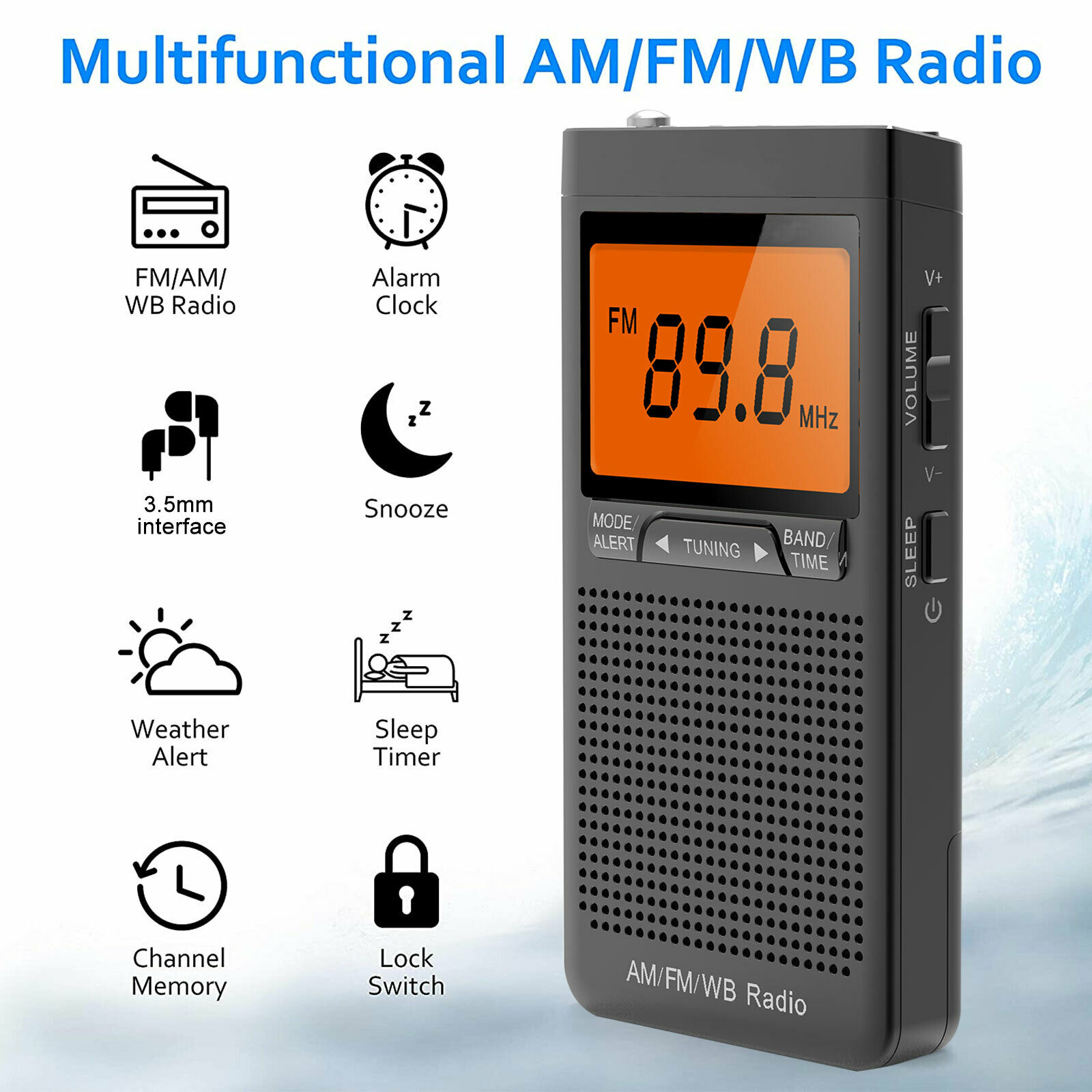 Mini AM FM WB Radio With Speaker Headphone Jack Emergency Weather Radio Station Portable Pocket Radio Digital Display