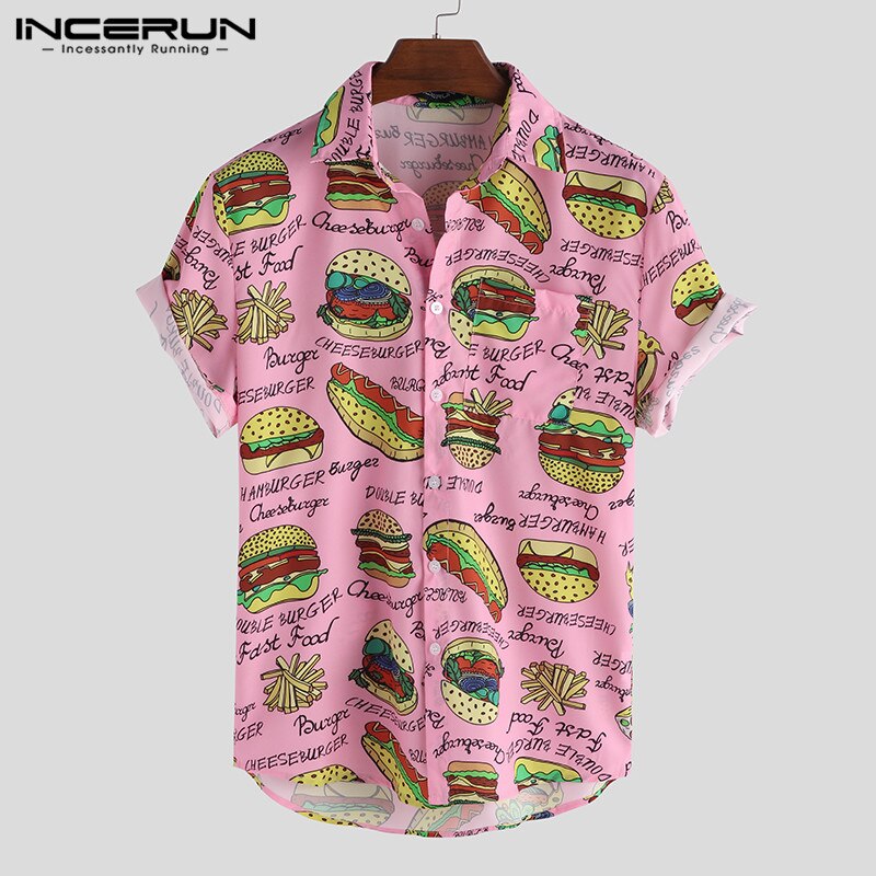 Incerun mænd skjorte print revers hals kortærmet casual camisa masculina streetwear personlighed smarte hawaiianske skjorter mænd: Lyserød skjorte / 5xl