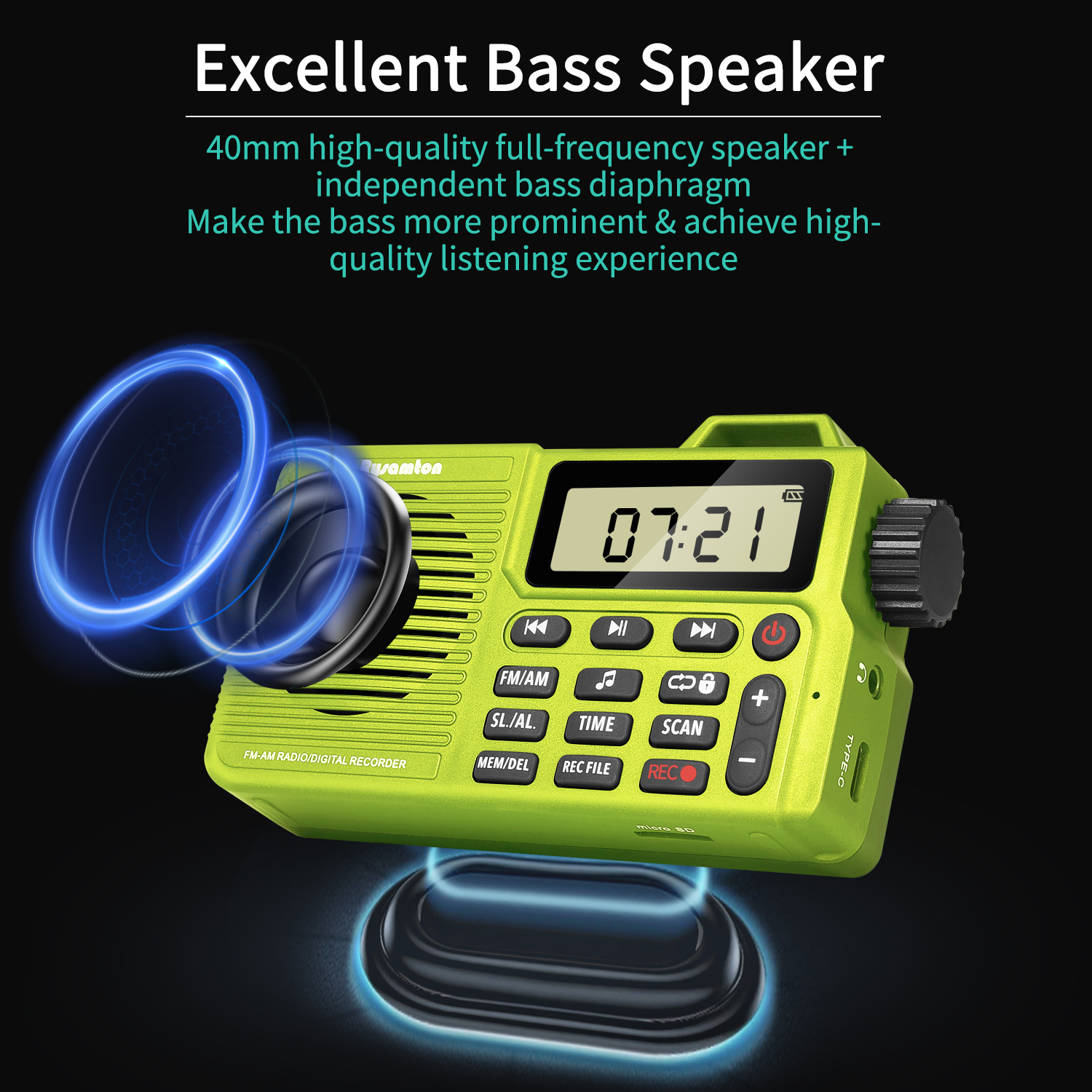 Portable AM/FM Radio, Small Pocket Radio with Bluetooth, Bass Speaker, Support Micro SD Card and Record, Long Battery Life