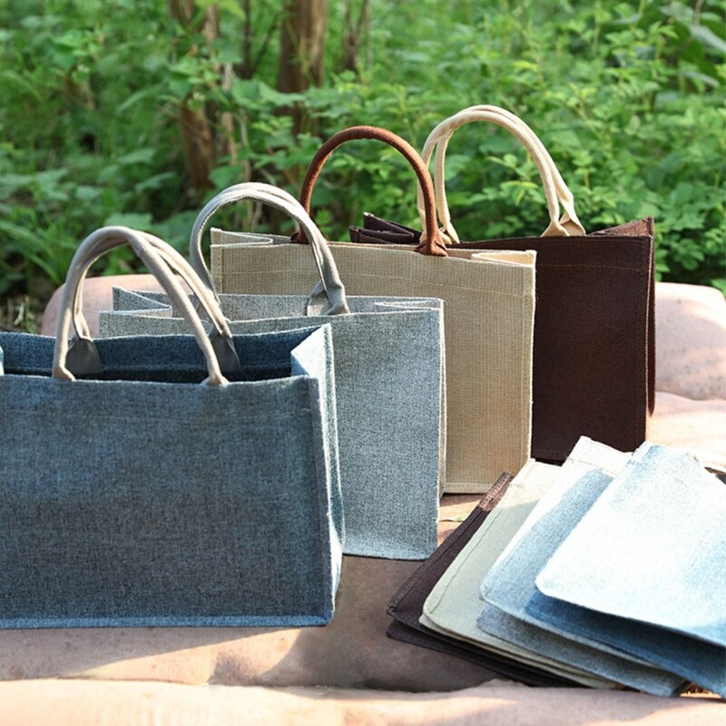 Jute jute-tote store genanvendelige indkøbstasker med håndtag kvinder indkøbstaske strand rejse opbevaring organizer  x7ya