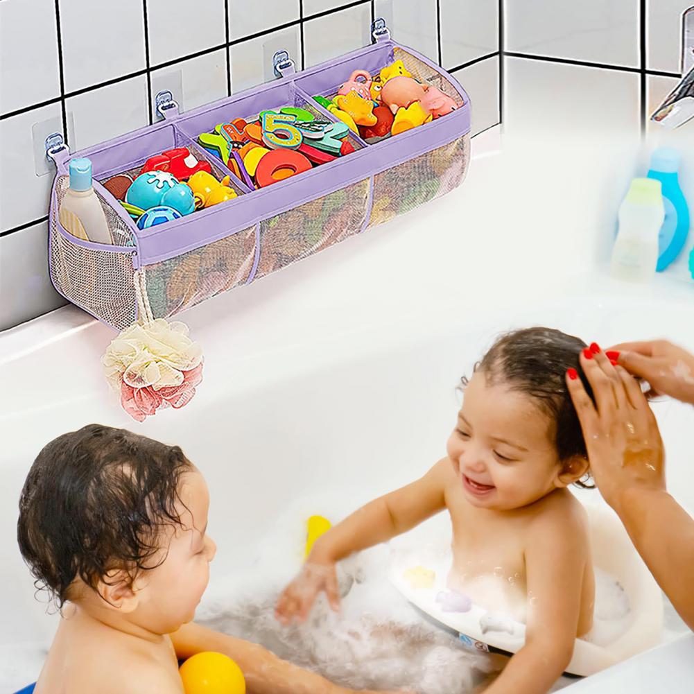 Sac de rangement de jouets de salle de bains, sac de rangement de jouets de bain à 3 compartiments de dessin animé, jouet de baignoire mural pratique pour salle de bain