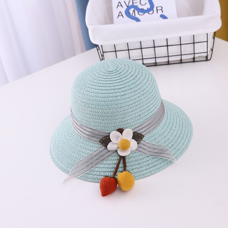 Summer Sweet Cute Flowers Kids Straw Hats Children Beach Cap Baby Photography Props Baby Girl Hat Sun Visor Caps: light green