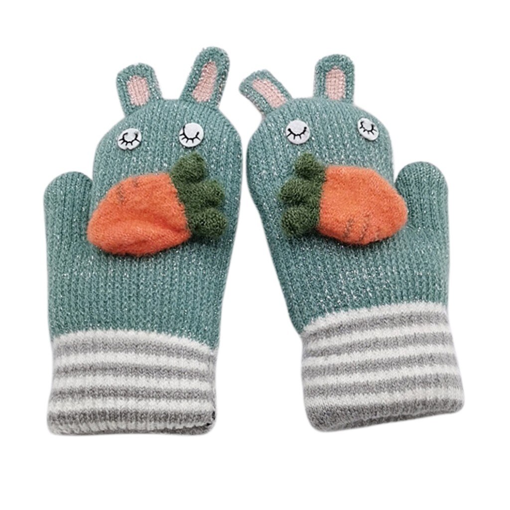 Cartoon Rabbit Knitted Gloves For Children Kids Boys Girls Carrot Applique Patchwork Hand Gloves Winter Warm Full Finger Mittens: A