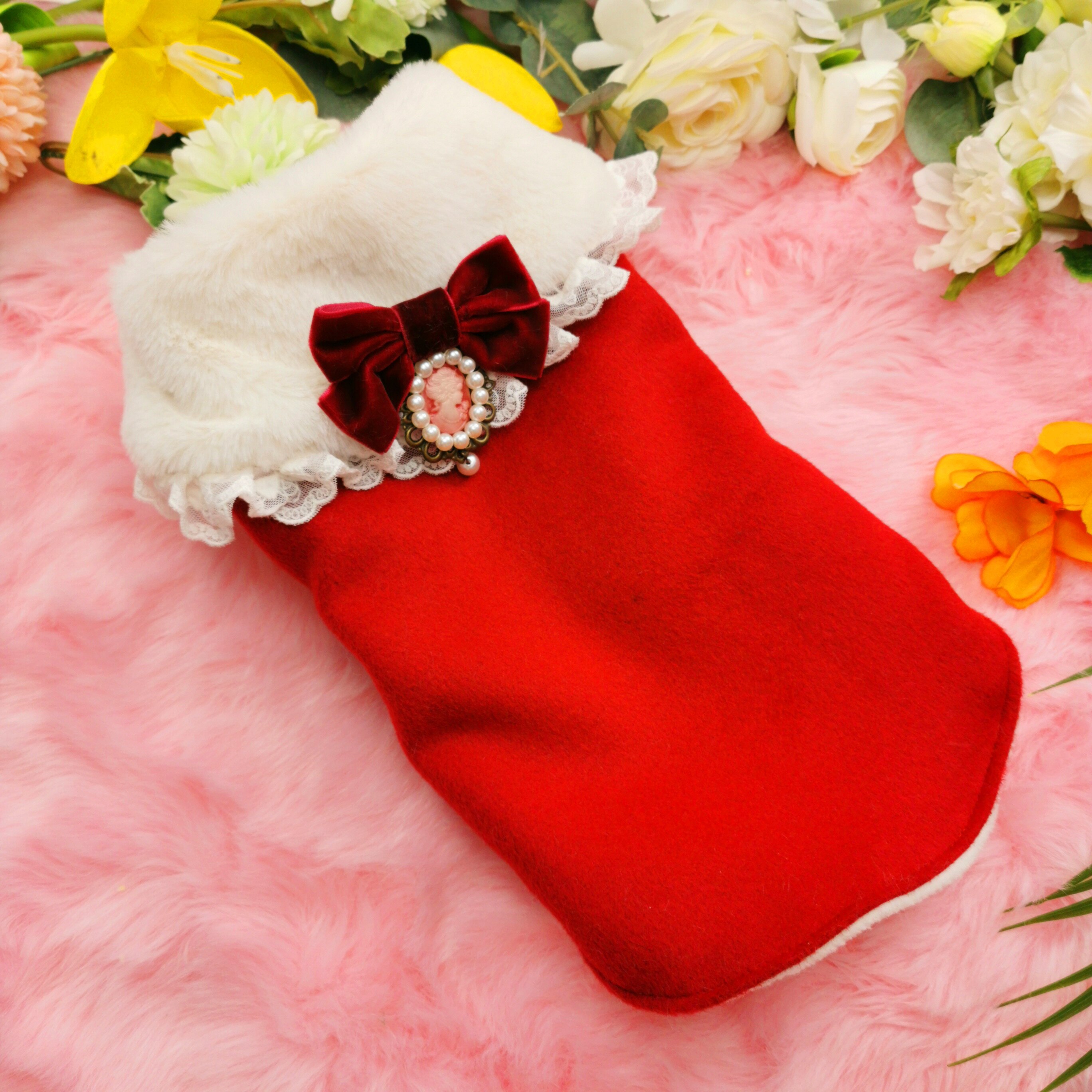 Autumn Winter Year Red Pet Dog Clothes Plus Velvet Warm Woolen Cloth Bow Dress For Small Medium Dog Outfits Dog Jackets: vest / XS