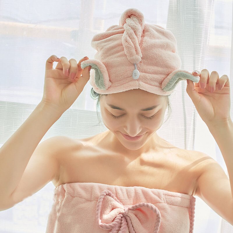 Søde kanin badehåndklæde hår tørre hurtigtørrende dame badehåndklæde blød bruserhue hat til dame børn turban hoved wrap wrap værktøjer: Lyserød