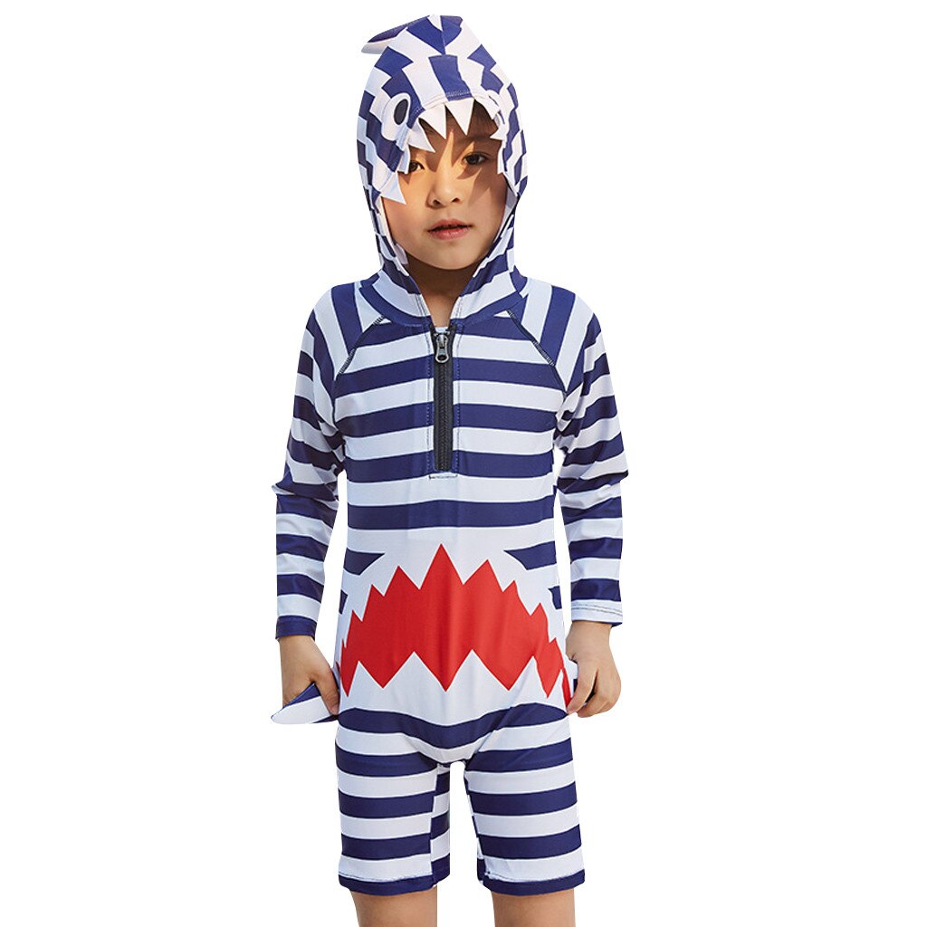 Kinderen Badmode Sport Baby Boy Lange Mouw Cartoon Shark Streep Hooded Baden Zwembad Beachwear Bikini Badpak Badpak T9 #: 5-6 Years