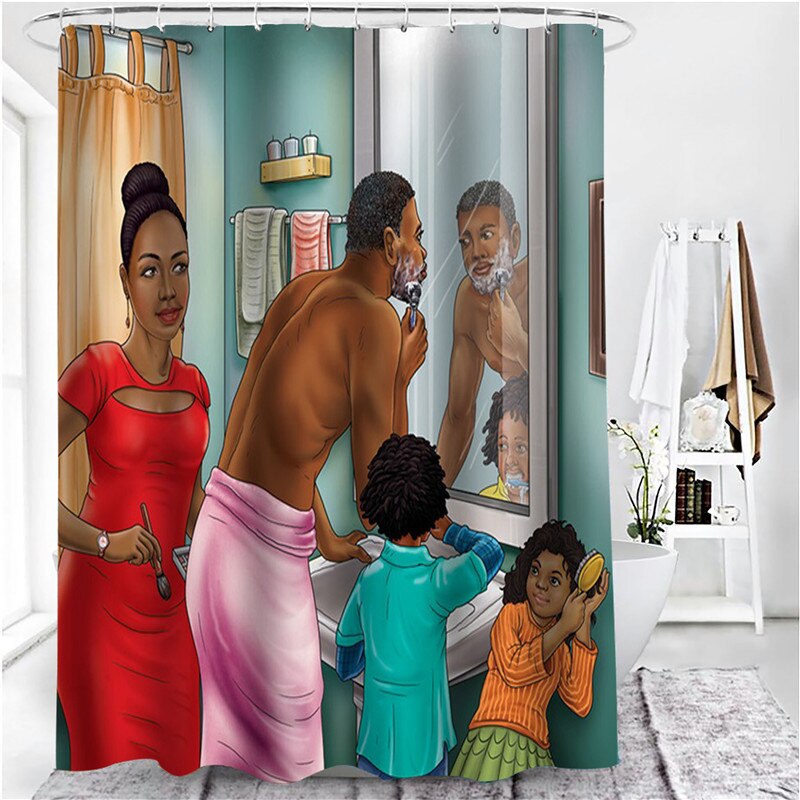 Amerikaanse Happy Familie Print Douchegordijn Polyester Waterdicht Badkamer Gordijnen Zachte Bad Rug Flanel Tapijt Anti-Slip Mat Set: 1PC180x180cm-A