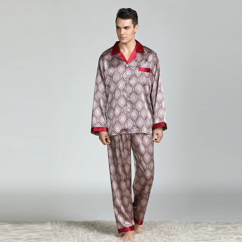 Men Silk Satin Pajama Sets Long Sleeve Sleepwear Set Two Pieces Pijama Pajamas Suit Male Breathable Pyjamas Loungewear#g3